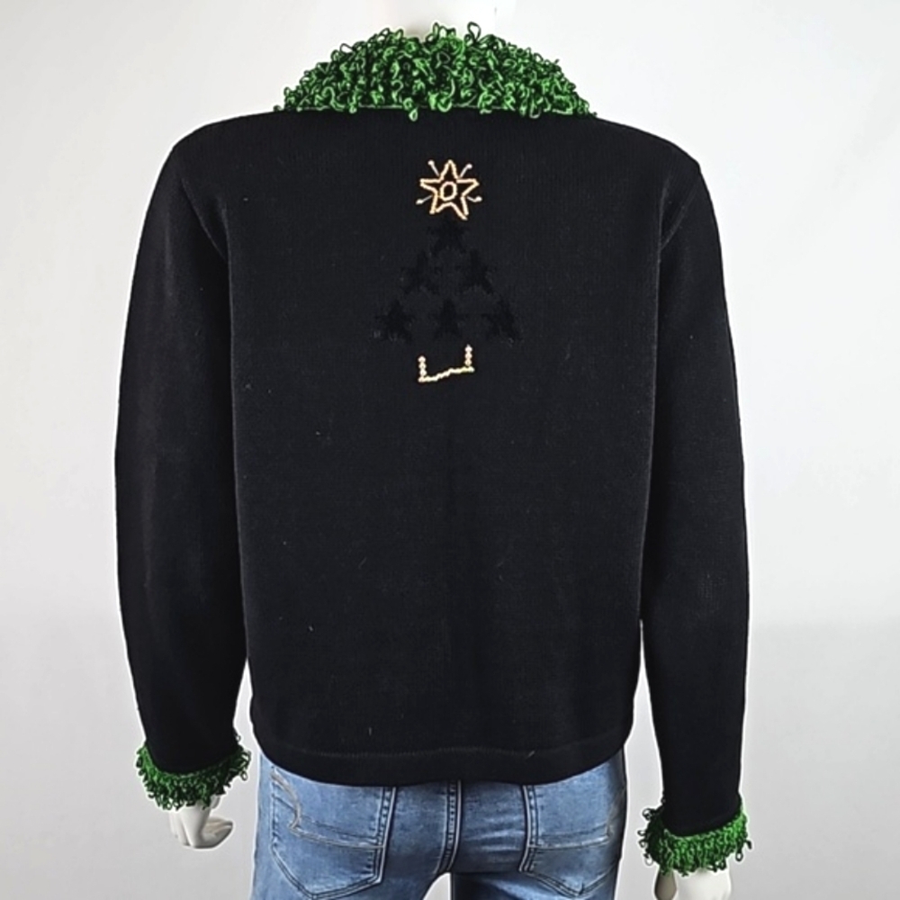 Vintage Berek Black Button Front Beaded Christmas Tree Cardigan Sweater - Picture 10 of 16
